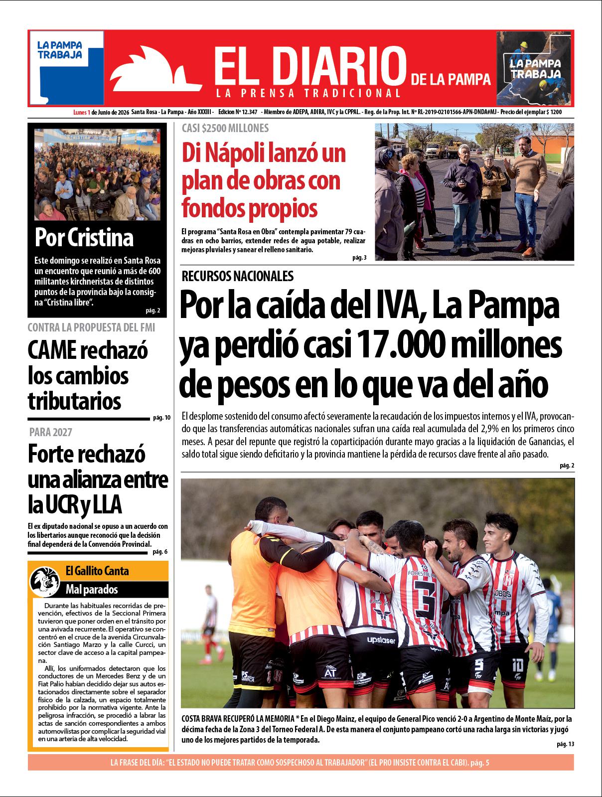 Tapa de El Diario en papel  lunes 01 de junio de 2026